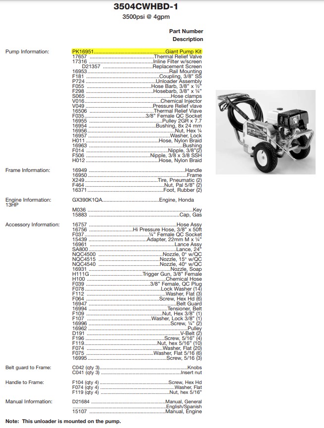 Devilbiss Excell pressure washer 3504CWNBD(GIANT) parts breakdown